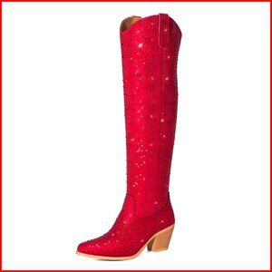 Rhinestone Over-the-Knee Cowgirl Boots with Chunky Heel and Pointed Toe